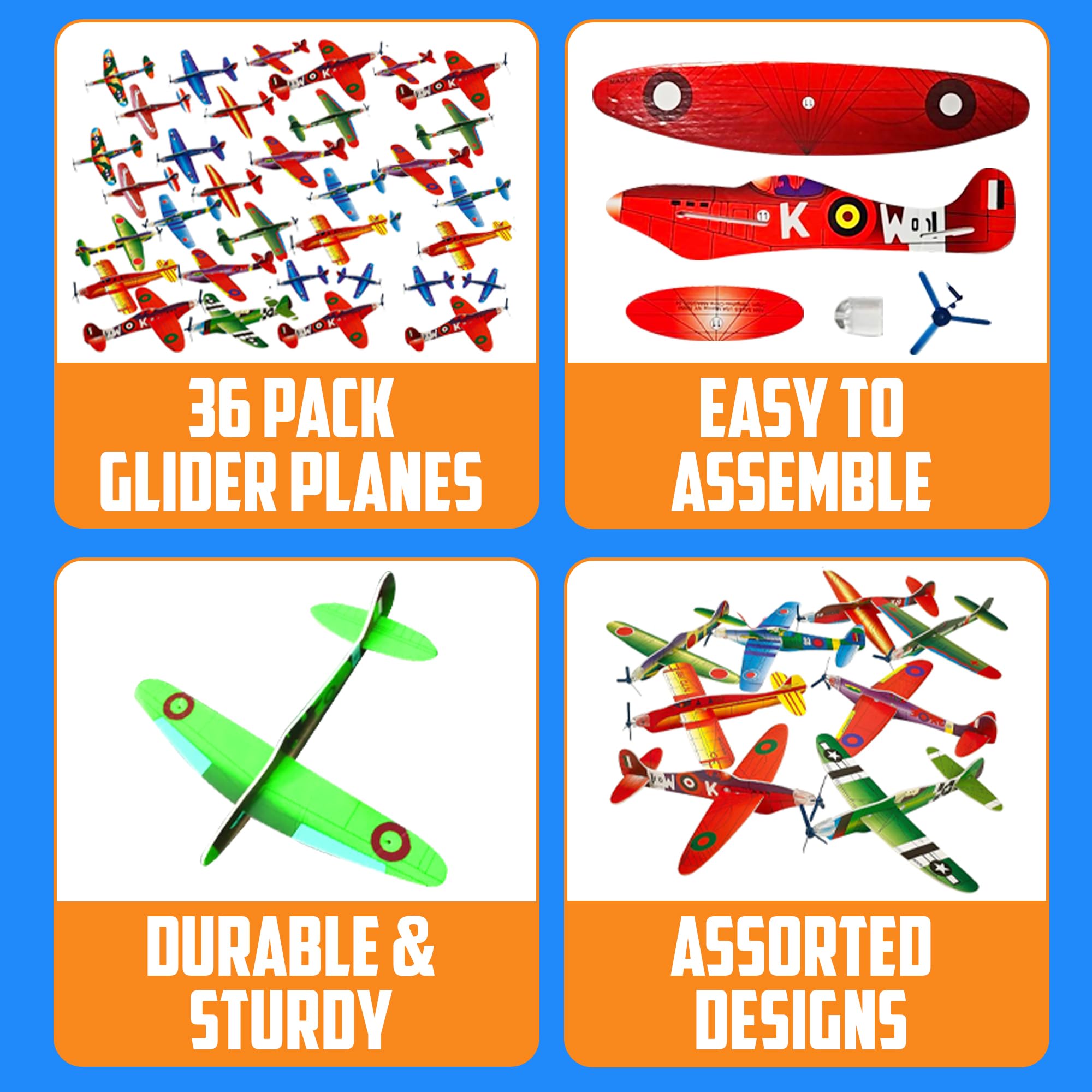 Bedwina Glider Planes Bulk (36-Pack) 8-Inch Bomber Airplane Gliders for Kids, Foam Paper Airplane Construction Kits for Kids Party Favors, Birthdays, Goodie Bag Stuffers and Outdoor Flying Toy